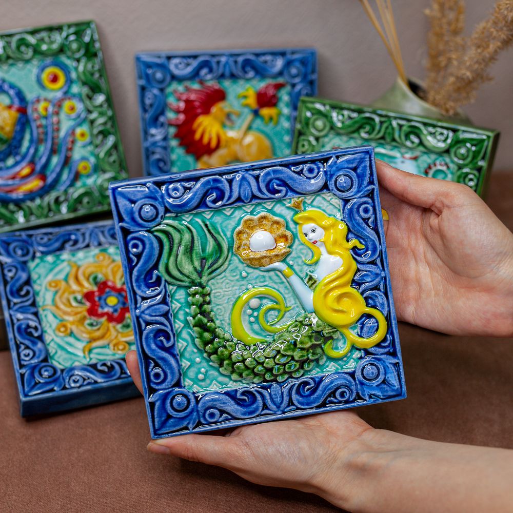 Изразец Русалка цветной синий фон