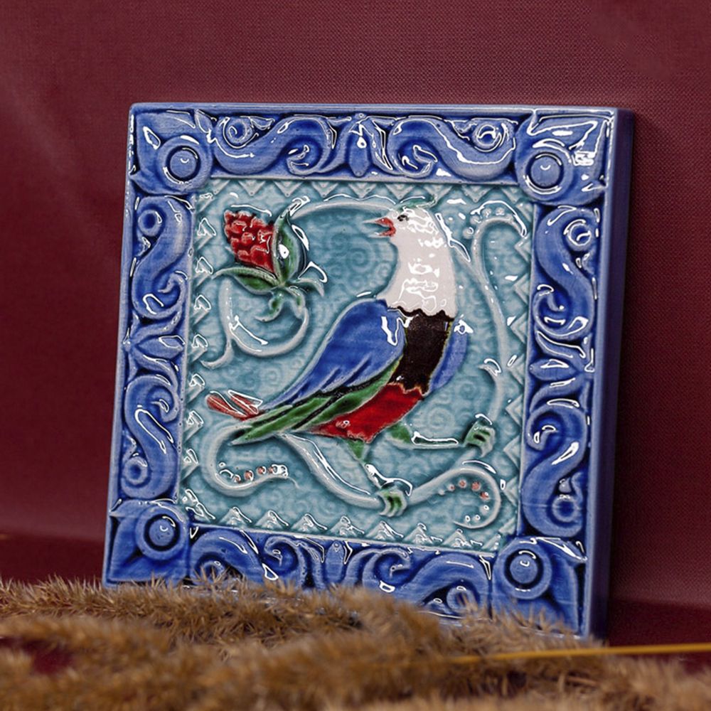 Изразец Соловей цветной синий фон фото