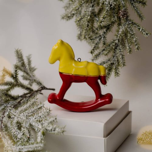 Лошадка качалка двухцветная с золотом (жёлтая с красным) фото